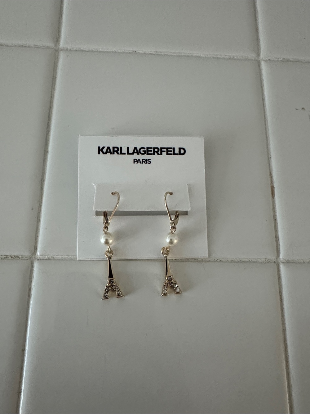 Karl Lagerfeld Gold Eiffel Tower Pearl Drop Earrings